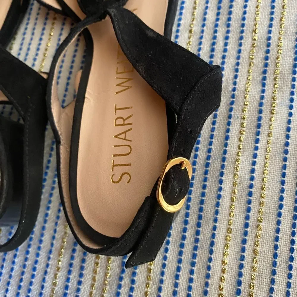 Stuart Weitzman Shalena Black Suede Strappy Sandal Buckle Sz  4 NEW